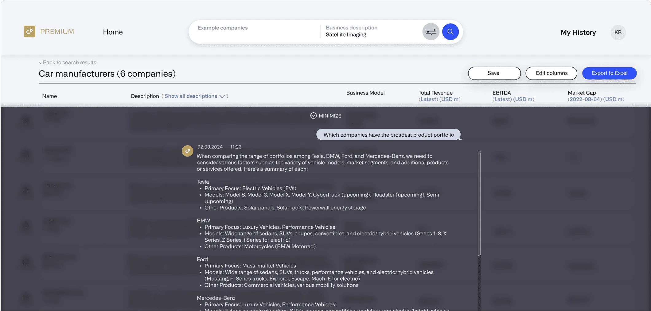 AI Analyst interface showing comparative analysis across companies