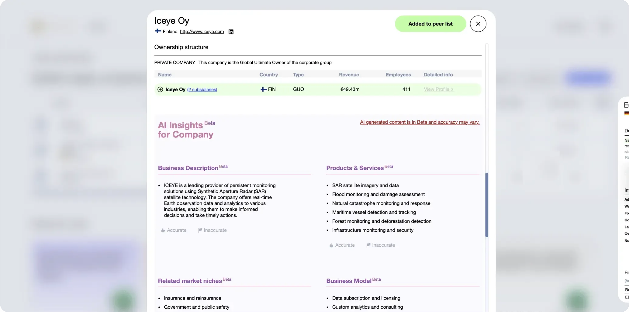 AI Insights showing automated business model analysis and market positioning for equity research