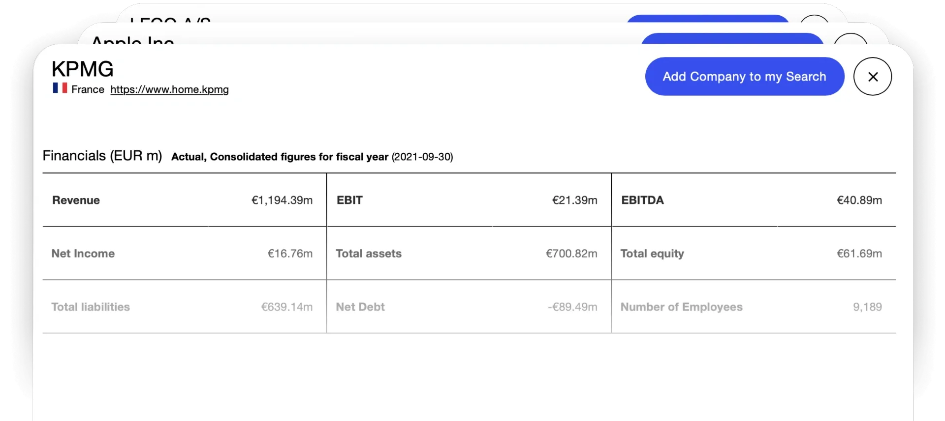 Financial data interface showing key parameters, historicals, and forward estimates for public companies